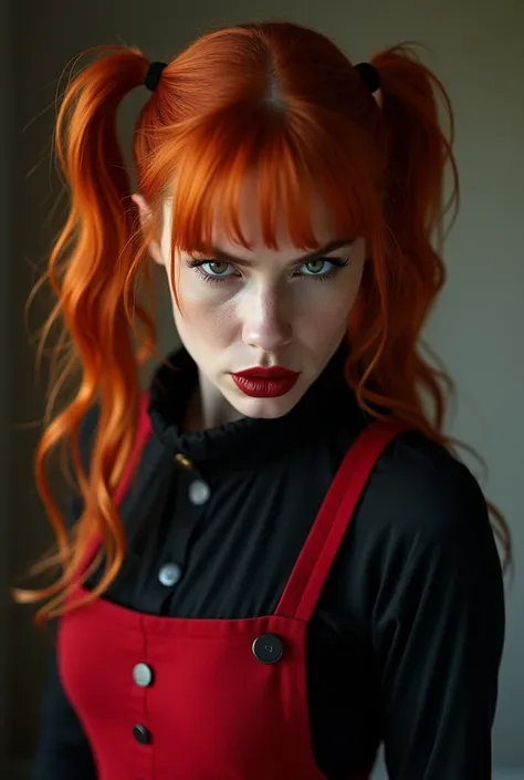 Redhead woman looking forward angrily,with black and red clothes with pigtails hairstyle,fully body