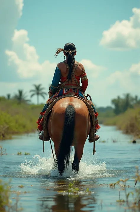 An indigenous person riding a prehistoric horse. The indigenous person must wear a mix of traditional Guarani and Tikuna clothing..He must be facing backwards on a sturdy horse without any kind of saddle looking at a floodplain of crystal clear water with ...