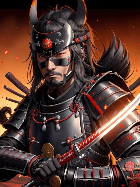 (Best quality,4K,8K,A high resolution,Masterpiece:1.2),Ultra-detailed,Realistic:1.37,Samurai of the Sengoku period of Japan,Wear full samurai armor,Black samurai mask,Holding a sharp katana,A strong sense of oppression,Glowing red eyes