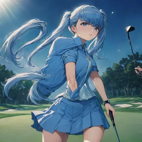  masterpiece, (Textured skin), Highest quality, Gorgeous beautiful,Light blue long hair、Beautiful twin-tailed golfer (Female golf player), Detailed clothing,Tight waist,, (Beautiful Face), During golf play、Cinema Lighting, (At the golf course ),