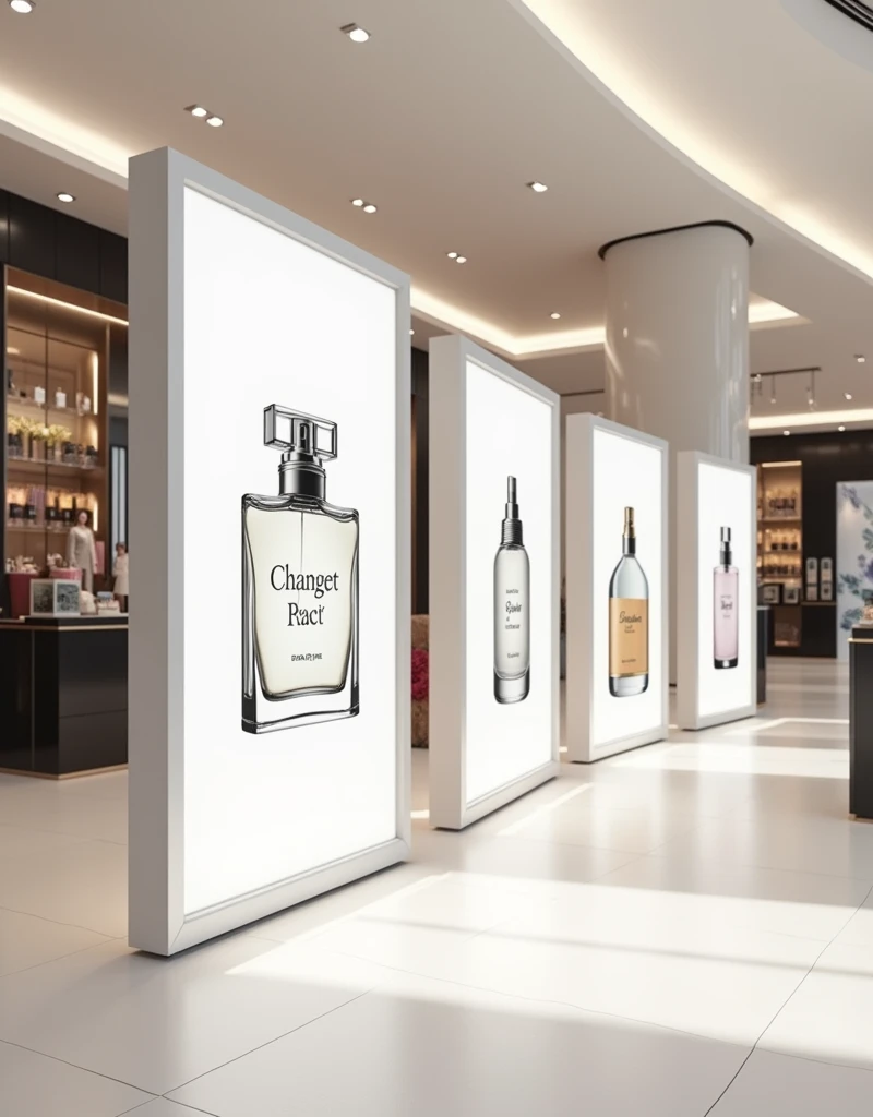 White advertising mupi mockups size . INSIDE A PERFUMERY SHOP OR IN A SHOPPING CENTER 

