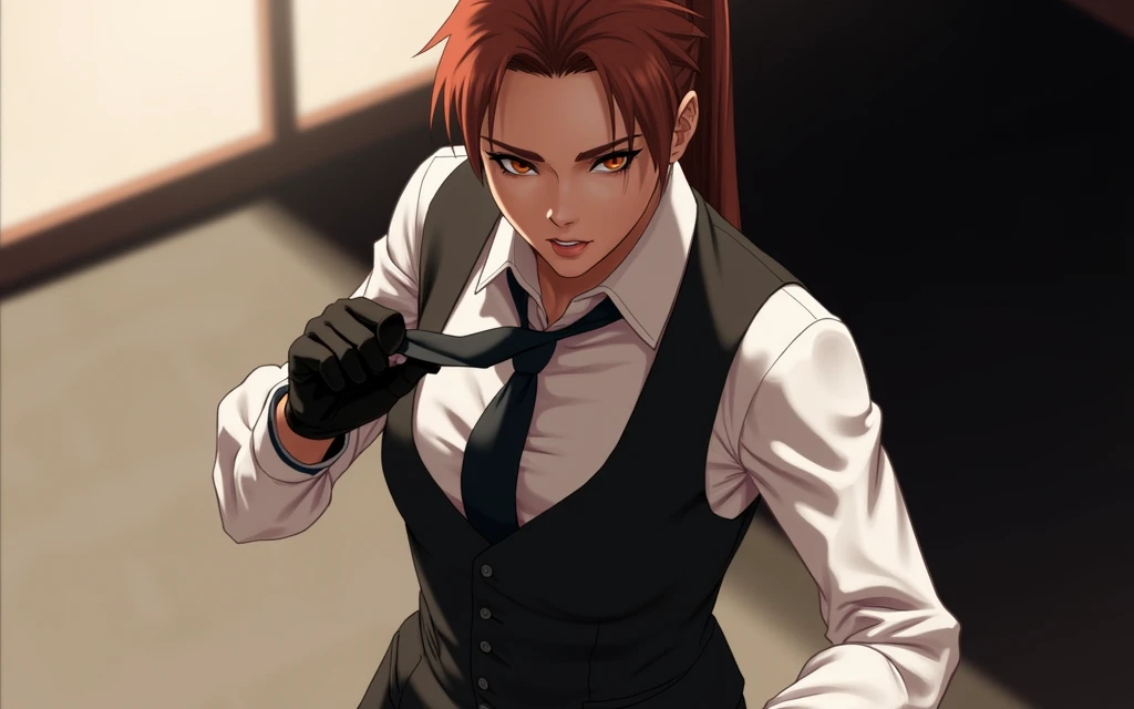 In a tense confrontation, a skilled female fighter in a sharp suit—complete with a crisp shirt, tight tie, waistcoat, leather gloves, and tailored suit pants—delivers a precise, high kick. As she executes the move, she adjusts her tie with a casual, almost...