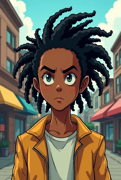 Create a Male Teenager with black DEDOLISS hair, No estilo desenho The boondocks