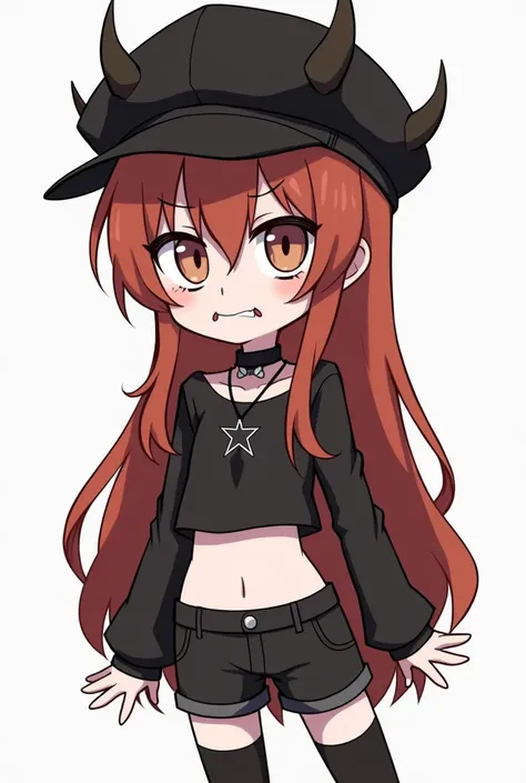 Chica anime gummy icon, slim, ghost white skin, bitter face, long copper red hair, star tattoo, black cap with thorns, black necklace, black top with long sleeves, short black shorts and black tights