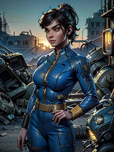 a girl in a fallout vault wearing a dark blue and yellow fallout vault jumpsuit, pip-boy 3000, ponytail brunette hair, round bre...