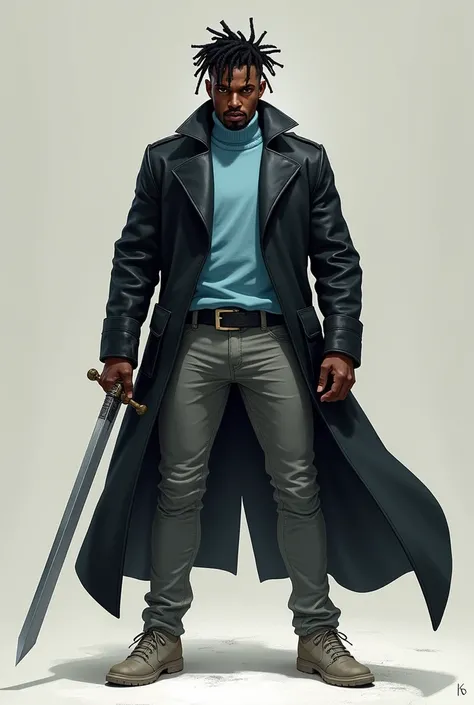 black male, eyes browns, brawny, Cao Cao, short dreadlocks hair, light blue turtleneck sweater , shiny black overcoat, Gray pants, light shoes, sword in hand.