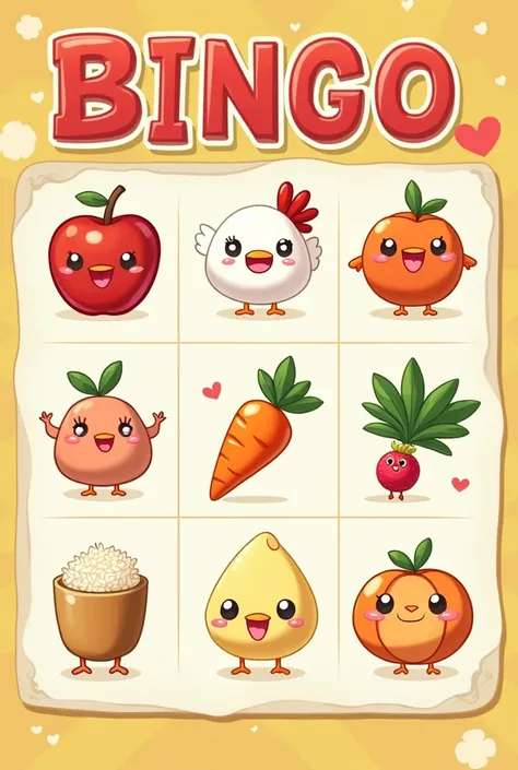 3x3 apple bingo card, Chicken, rice, carrot