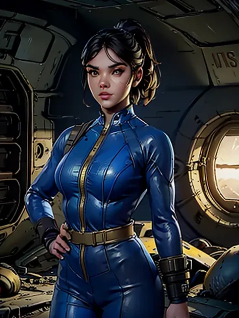 1girl, a girl in a fallout vault wearing a dark blue and yellow fallout vault jumpsuit, pip-boy 3000, ponytail brunette hair, ro...