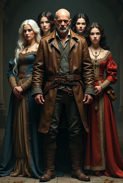 A 40-year-old bald man dressed in leather, with three 3 women dressed as musketeers behind, one with white hair, one with blonde hair and another with dark hair, taller