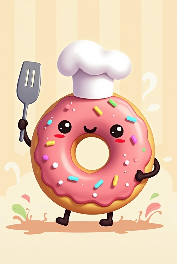 A kawaii donut with a chef&#39;s hat and a spatula in hand