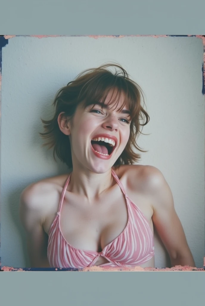 (My sister&#39;s Polaroid) young woman, confused and excited, panting with orgasm, unexpected, Sclera, (family photo album) 90s 1990s homemade clumsy amateur, flat chest, Shaggy, unprofessional, homemade, pores, (no-makeup), just woke up, topless, (flat ni...