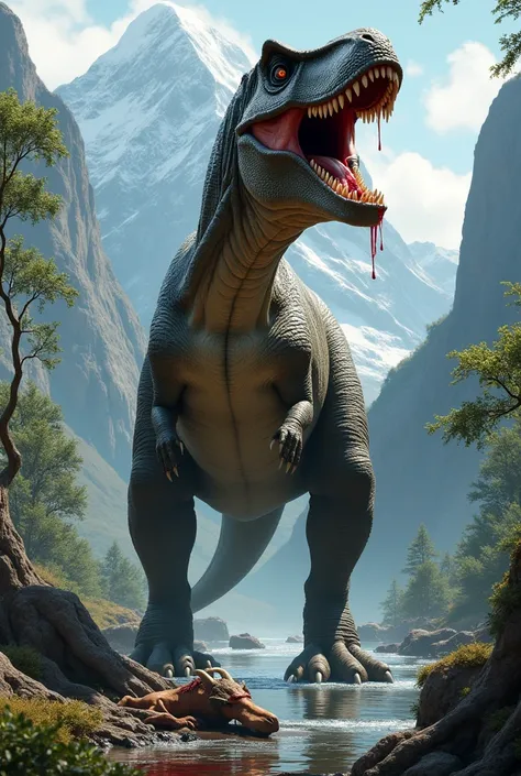 T rex, by the river, between two mountains, one death goat close to his legs, blood in t rex mouth, t rex tail up to the air, t rex mouth open, realistic image. Take off one finger from t rexs hand