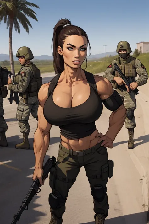 1girl, super soldier girl, coloured sketch, beautiful woman, ponytail hair, extremely tanned, wearing special forces military suit, tactical vest, strong well defined muscle, bulky powerful bodybuilder physique, great muscle definition, perfect muscular bo...