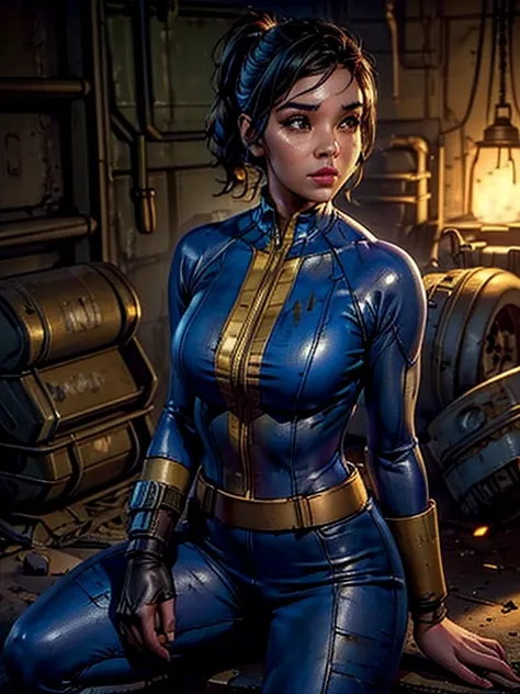 1girl, a girl in a fallout vault wearing a dark blue and yellow Fallout vault jumpsuit, pip-boy 3000, ponytail brunette hair, round breasts, cleavage visible, post-apocalyptic, nuclear wasteland, desolate, ruined city, dramatic lighting, cinematic, photore...