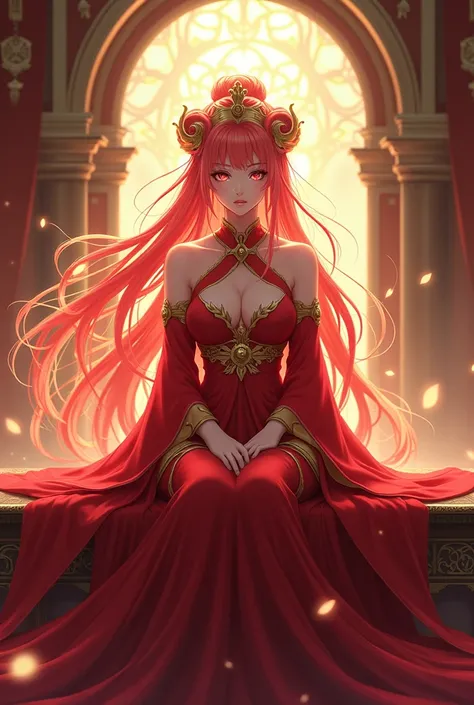 Woman, Japanese anime style, goddess, bright hair, fierce aura, long red and gold gown, sitting on table in a gorgeous hall, close up, ultra high resolution, 8k, 2d image