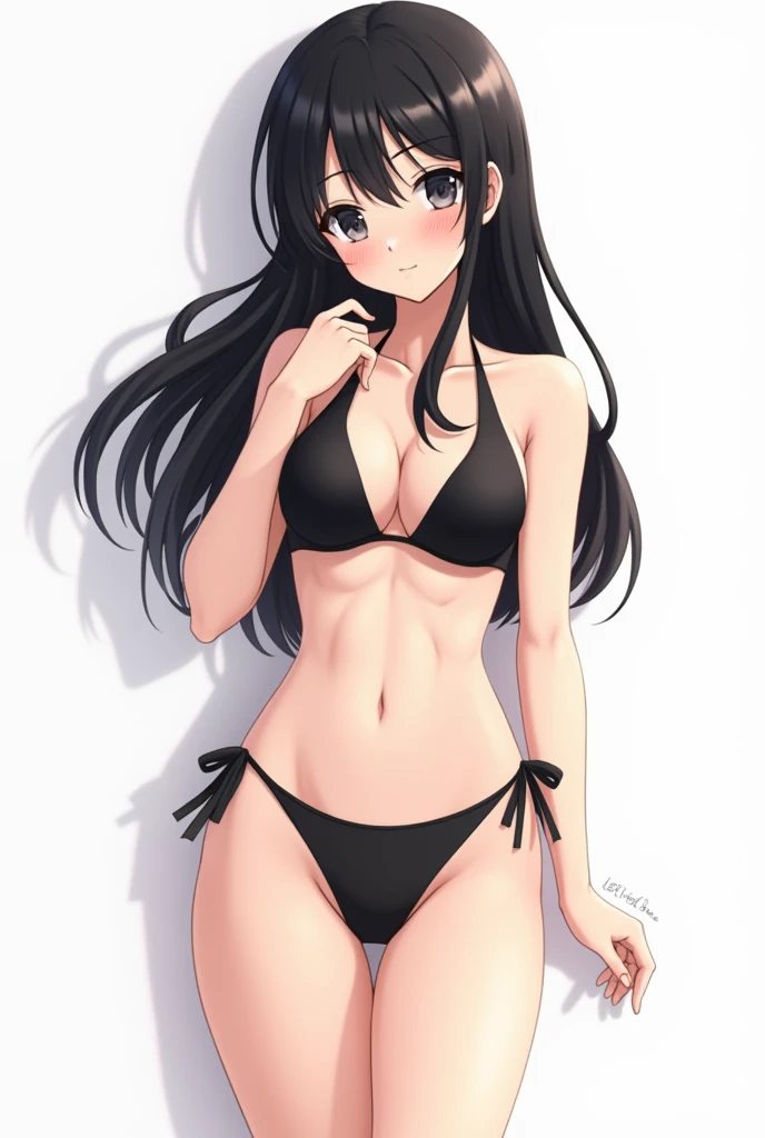 Anime style girl black hair black eyes black bikini white background