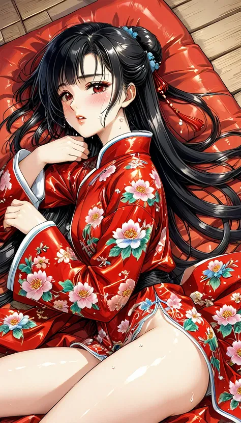 One woman　She is a beautiful 1 Chinese kung fu princess with long black hair.　Gorgeous embroidery, Ultra glossy, She is wearing shiny red long sleeve floral pajamas....　After being subjected to intense sexual acts for the sake of procreation, she is laid d...