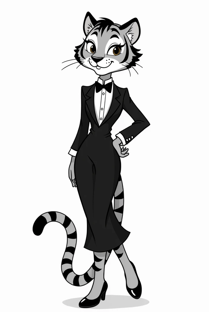 Female antrophomorphic  Tiger girl tuxedo dress Disney art style in black and white 