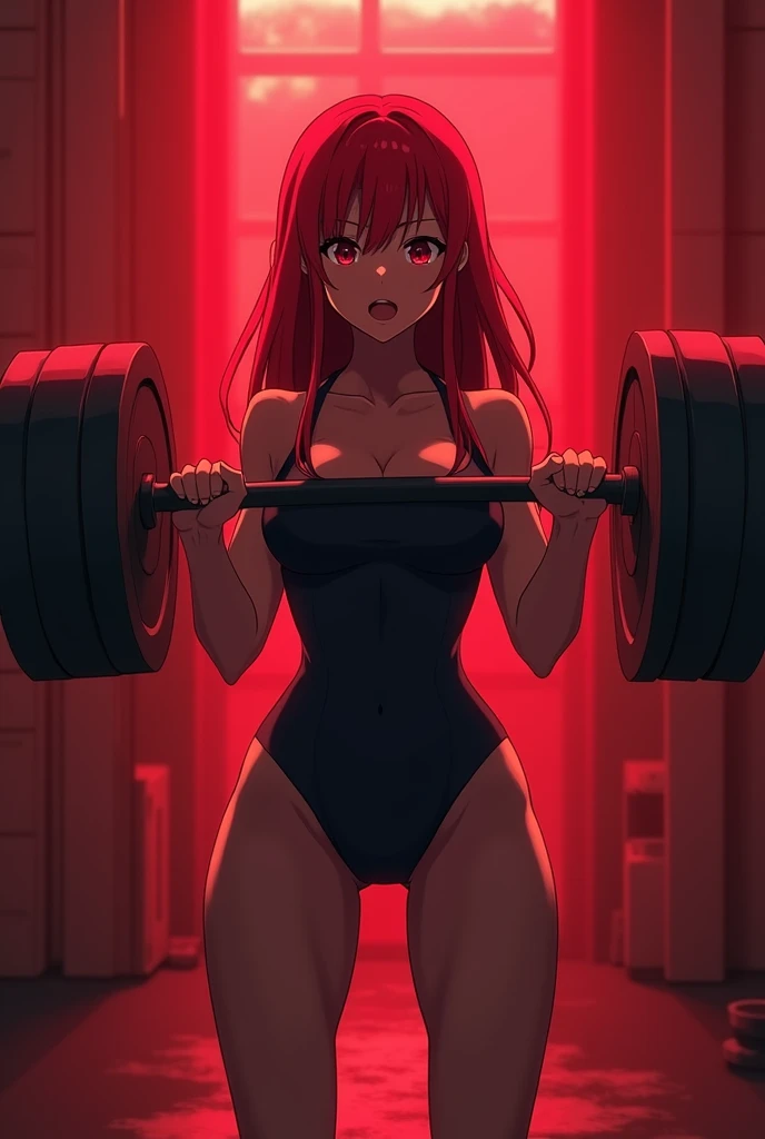 Create an anime girl holding a barbell at the gym, leave the hem on the shoulders and add a black swimsuit covering your entire body and legs, make her hair red and make the gym lit red leave the bra on her back, as if she were training her legs, leave the...