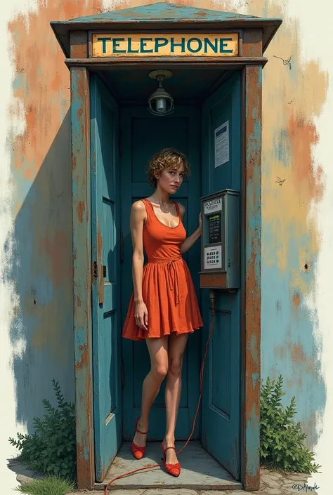 drawn in the form of a colored drawing, a woman inside a telephone booth with the doors closed