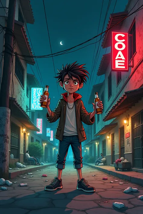 Cartoon-like drawing of a teenager on the street consuming drugs and alcohol while intoxicated on the streets of Mexico at night

