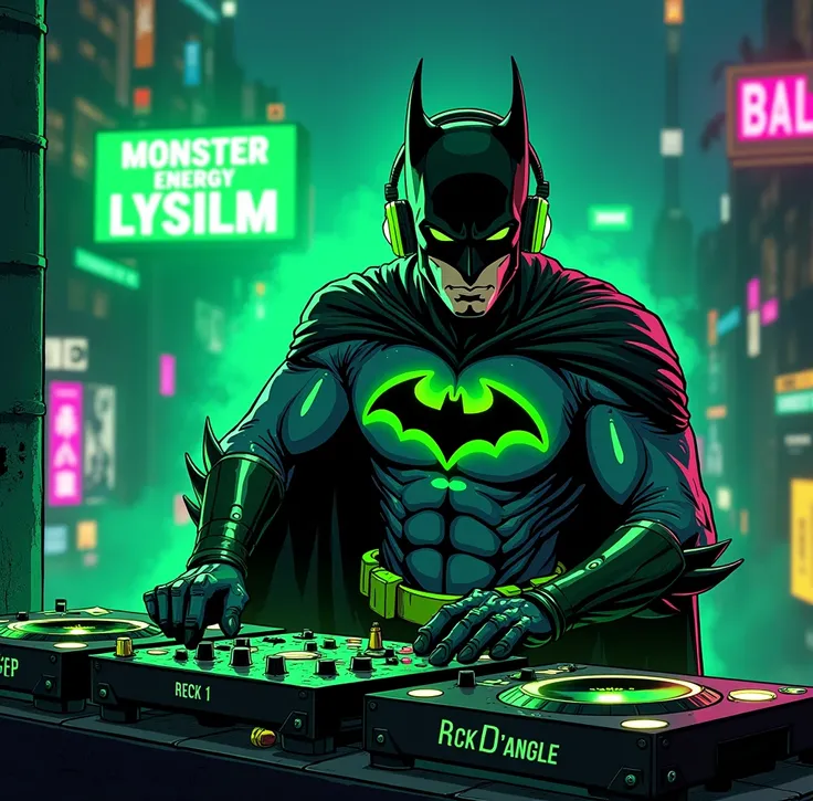 manga comic cartoon of a fluorescent green-black color batman dj , add monster energy logo , and add the text ¨Rick D´Angle ¨ to the image , totaly night view photo with ultra open wide lens photo technic