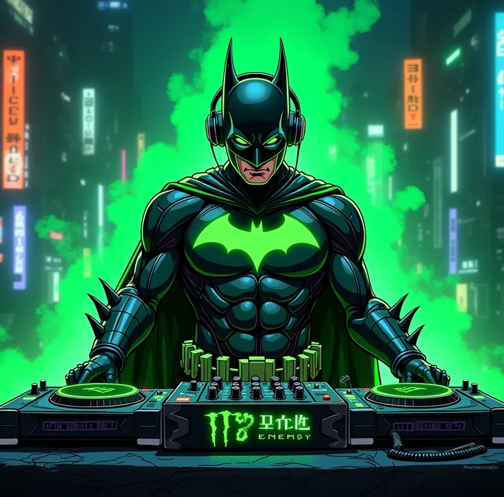 manga comic cartoon of a fluorescent green-black color batman dj , add monster energy logo , and add the text ¨Rick D´Angle ¨ to the image , totaly night view photo with ultra open wide lens photo technic