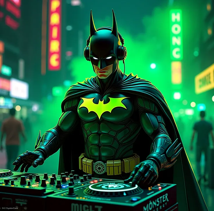 manga comic cartoon of a fluorescent green-black color batman dj , add monster energy logo , and add the text ¨Rick D´Angle ¨ to the image , totaly night view photo with ultra open wide lens photo technic