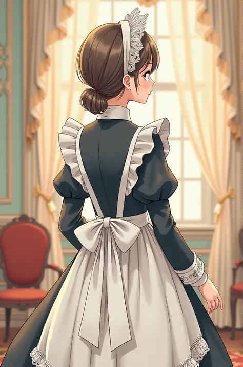 Back view, girl, victorian maid costume, draw guide, anime