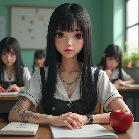 Full View 8K, a white female sitting in a classroom, A natural white female, with sleek straight black hair, lashes, diamond chain, tattoos, plump lips, flawless eyebrows, wearing a school uniform, sitting at a desk eating an apple, with notebooks the desk