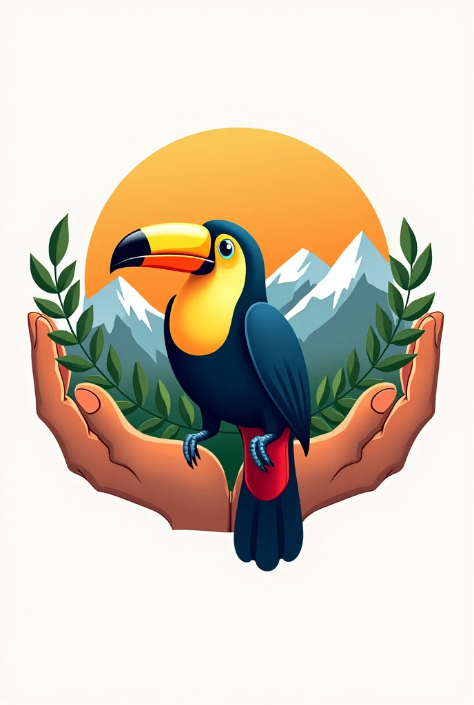 Create a logo for the company ASOTURCOM VSM, with the following characteristics: A toucan, mountains, Olive branch, hands, company name ASOTURCOM VSM