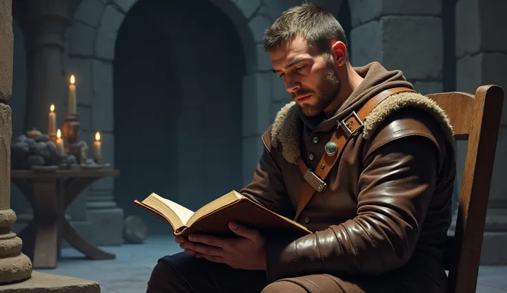 Bronze age man with short hair on top and short on the sides reading the Bible in leather clothes reading the Bible in his cold castle