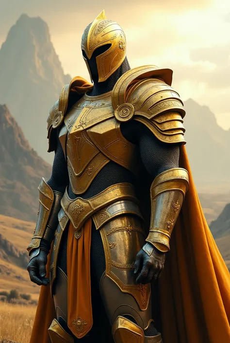 A man in a cool armor full armor of gold and platinum, tamanho da imagem 688X1024.