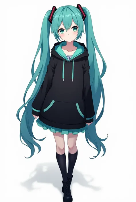 ((masterpiece, Hatsune Miku, Vocaloid, with a black hoodie with cyan up to the knees, with black boots, casual standing pose, With a white background,until, high,pretty,detailed,estilo Jujutsu Kaisen