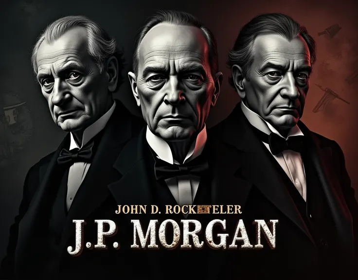 Create a YouTube-sized thumbnail (1280x720) with a dark, dramatic background. The thumbnail should feature split portraits of three influential historical figures: Mayer Rothschild, John D. Rockefeller, and J.P. Morgan. Each portrait should be in black and...