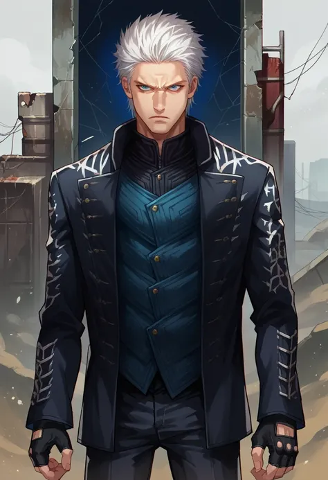 score_9, score_8_up, score_7_up, source_anime, 1boy, solo, dmc5vergil,  white hair, blue eyes, black coat, fingerless gloves, pa...