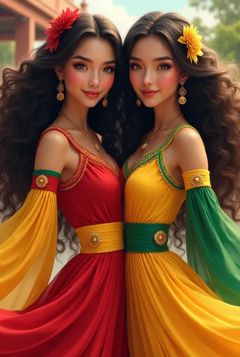 twin sisters  wearing  red yellow and green outfit which is their  national colors  long curly hair style