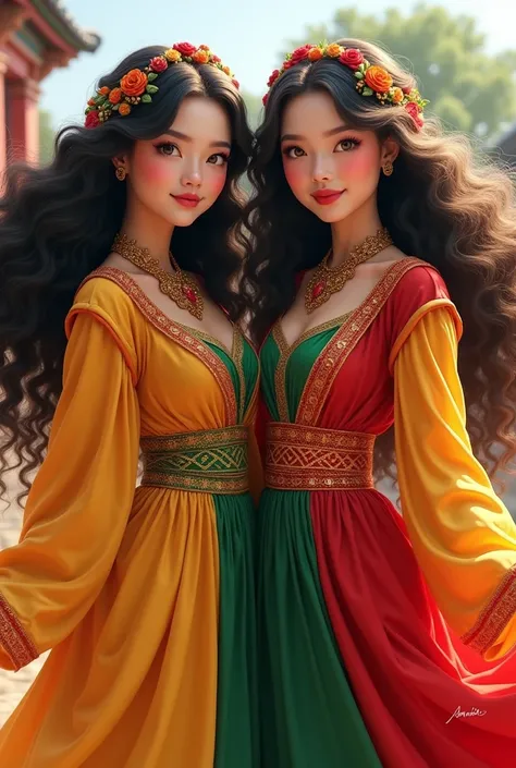 twin sisters  wearing  red yellow and green outfit which is their  national colors  long curly hair style