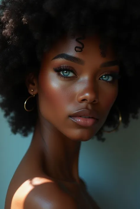 beautiful black woman, with one blue eye and one brown eye, Her hair is an afro and she is posing from her shoulders to her head, She looks from behind at his back