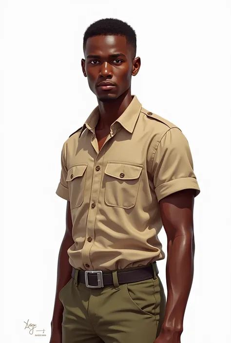 Create a hyper-realistic illustration of a young man, skin black, jaw and marked features, eyes browns, and short hair, well combed back and black color, safari outfit, white background