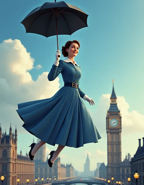 Cinematic Picture of [Mary Poppins::Julie Andrews:0.1] with her black umbrella shes levitates in the sky, with London City scene in Background, insanely detailed and intricate