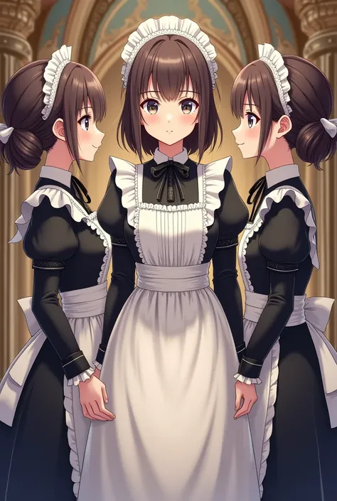 Back view, front view and side view, three girls, victorian maid costume, anime