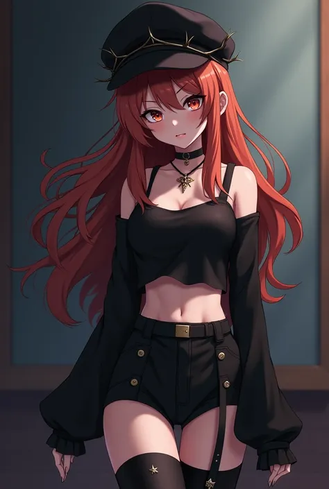 Anime girl icon, slim, ghost white skin, conceited face, long copper red hair, star tattoo, black cap with thorns, black necklace, black top with long sleeves, Short black shorts and black tights with small stars, black eyes, only half photo for profile pi...