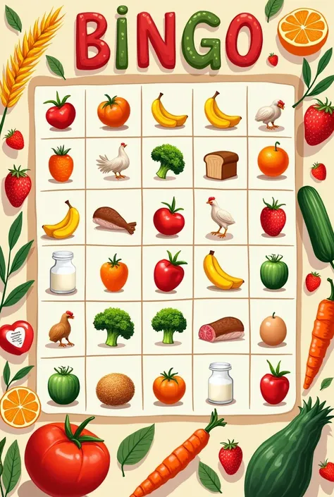 3x3 apple bingo card, carrot, rice, Chicken, Banana, broccoli, eggs, Whole wheat bread, Strawberry, cucumbers, fish, Avena, orange, tomato, often, milk, kiwi, lettuce, meat, wheat, Tangerine, videos, lentil