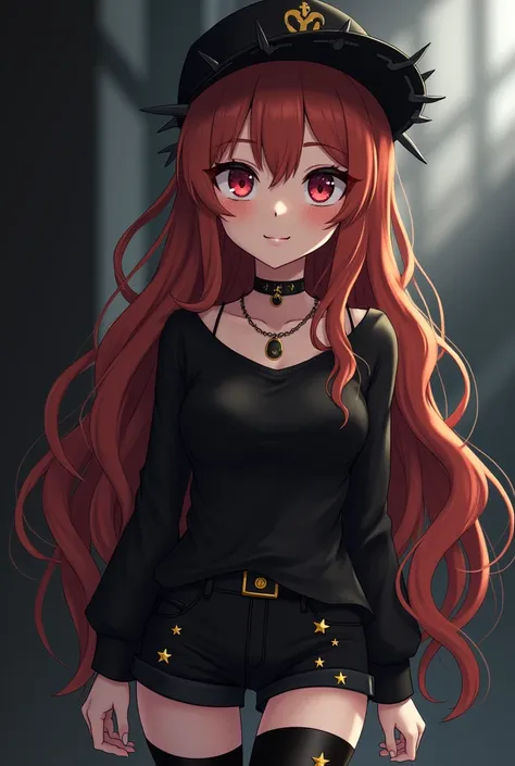 Anime girl icon, slim, ghost white skin, conceited face, long copper red hair, star tattoo, black cap with thorns, black necklace, black top with long sleeves, Short black shorts and black tights with small stars, black eyes, only half photo for profile pi...