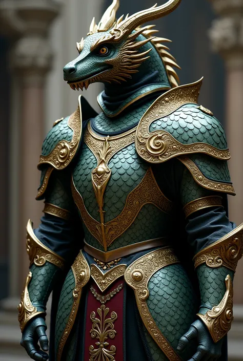 dragon armor consisting of dragon scales with gold decoration and similar appearance to a knight&#39;s armor