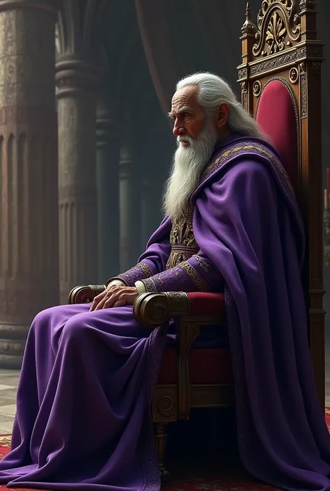 King old man in ancient times, The king sitting alone on his throne wearing a purple cloak. side perspective seeing his right profile