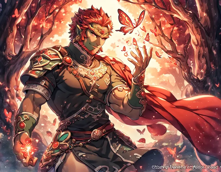 absurdres, highres, ultra detailed, HDR, master piece, best quality, extremely detailed, detailed eyes, Ganondorf, red hair, expressive golden eyes, red beard, The Legend Of Zelda Twilight Princess, solo, sexy man, sensual, handsome, manly man, tanned skin...