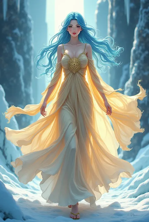 Woman, Japanese anime style, goddess, blue hair, light gold flowing gown, white, blush on face, golden eyes, fierce aura, ice, death, walking,  ultra high resolution, 8k, 2d