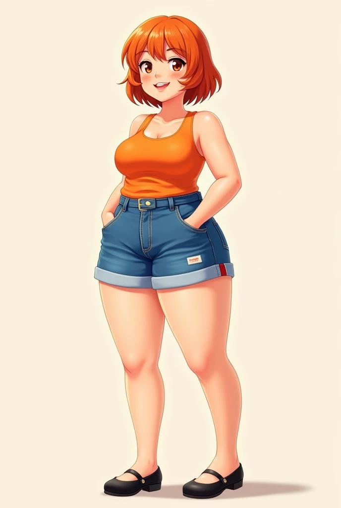 a cartoon adult girl, anime girl, cell shaded adult animation, shorts, orange hair, solo, short hair, smile, full body, 4k hd, legs visible, tall, blue shorts and an orange tank, brown eyes, 1girl, in black Flats, 4k hd, wide, chubby girl, long legs